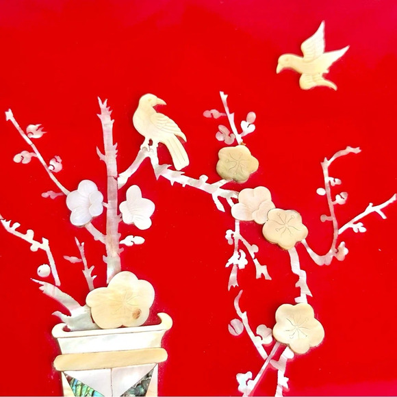 Vintage Lacquered Red Box Mother of Pearl Abalone Inlay Asian Box Stationary Box - Picture 5 of 16